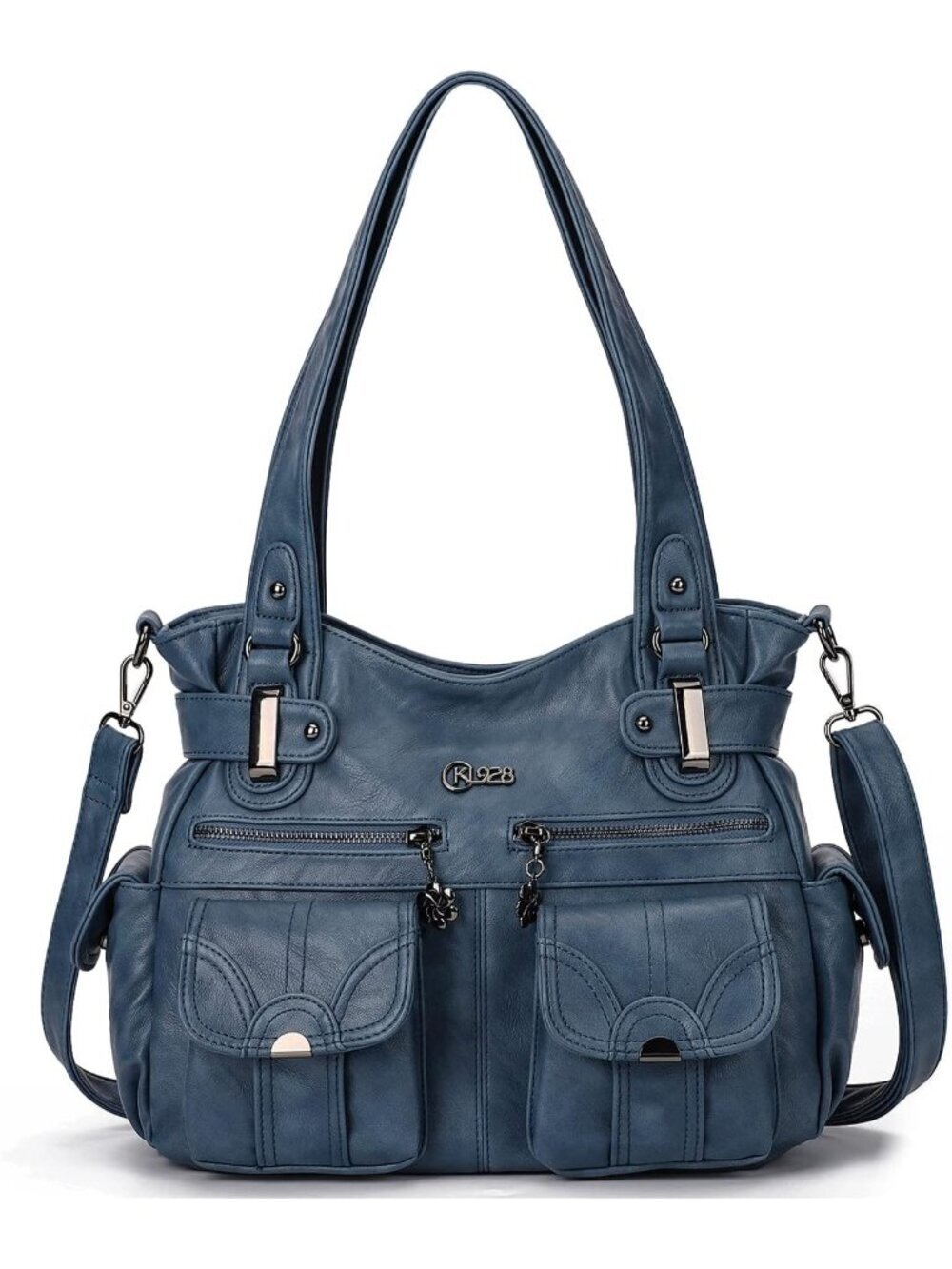 Women's Grey Blue PU Leather Multi-Pocket Hobo Tote Handbag Shoulder Bag